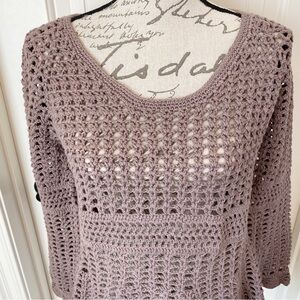 Pure Handknit Crochet Open Knit Peplum Top in Brown Boho Style